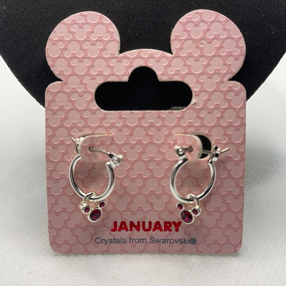 Disney parks hoop earrings, January birthstone Mickey head, Swarovski